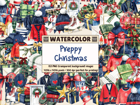 Download Preppy Christmas Watercolor Clipart - Christmas Collection
